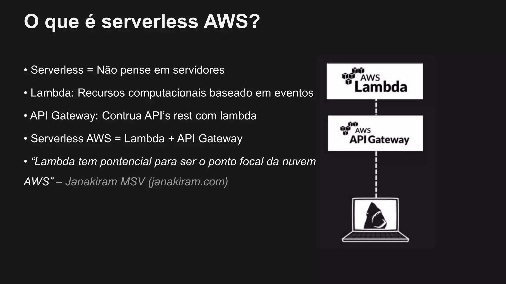 O que é serverless AWS?
• Serverless = Não pense em servidores
• Lambda: Recursos computacionais baseado em eventos
• API Gateway: Contrua API’s rest com lambda
• Serverless AWS = Lambda + API Gateway
• “Lambda tem pontencial para ser o ponto focal da nuvem
AWS” – Janakiram MSV (janakiram.com)
 