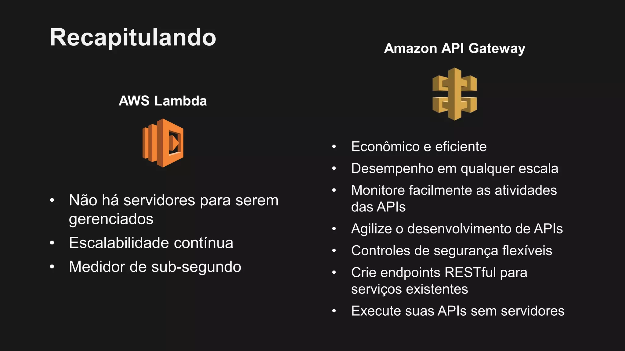 Amazon API Gateway
Recapitulando
AWS Lambda
• Não há servidores para serem
gerenciados
• Escalabilidade contínua
• Medidor de sub-segundo
• Econômico e eficiente
• Desempenho em qualquer escala
• Monitore facilmente as atividades
das APIs
• Agilize o desenvolvimento de APIs
• Controles de segurança flexíveis
• Crie endpoints RESTful para
serviços existentes
• Execute suas APIs sem servidores
 