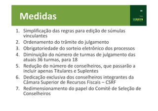 38
Medidas
1. Simplificação das regras para edição de súmulas
vinculantes
2. Ordenamento do trâmite do julgamento
3. Obrigatoriedade do sorteio eletrônico dos processos
4. Diminuição do número de turmas de julgamento das
atuais 36 turmas, para 18
5. Redução do número de conselheiros, que passarão a
incluir apenas Titulares e Suplentes
6. Dedicação exclusiva dos conselheiros integrantes da
Câmara Superior de Recursos Fiscais – CSRF
7. Redimensionamento do papel do Comitê de Seleção de
Conselheiros
 