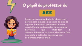 O papél do professor do
Observar a necessidade do aluno com
deficiência inclusos nas salas de ensino
regular, identificar problemas e criar
possibilidades adequadas para superar
barreiras que impedem o
desenvolvimento do aluno dentro e fora
da escola e articular parcerias com
os demais profissionais.
AEE
 