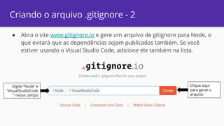 Criando o arquivo .gitignore - 2
● Abra o site www.gitignore.io e gere um arquivo de gitignore para Node, o
que evitará que as dependências sejam publicadas também. Se você
estiver usando o Visual Studio Code, adicione ele também na lista.
Digite “Node” e
“VisualStudioCode
” nesse campo
Clique aqui
para gerar o
arquivo
 