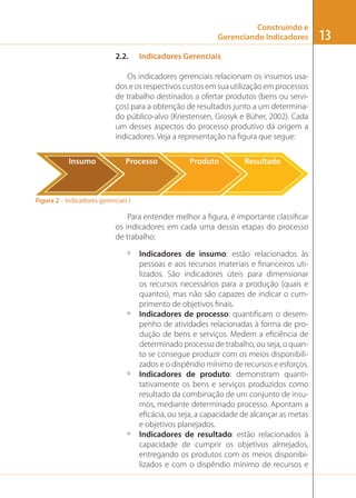 Construindo e
Gerenciando Indicadores
2.2.

Indicadores Gerenciais

Os indicadores gerenciais relacionam os insumos usados e os respectivos custos em sua utilização em processos
de trabalho destinados a ofertar produtos (bens ou serviços) para a obtenção de resultados junto a um determinado público-alvo (Kriestensen, Grosyk e Büher, 2002). Cada
um desses aspectos do processo produtivo dá origem a
indicadores. Veja a representação na ﬁgura que segue:
Insumo

Processo

Produto

Resultado

Figura 2 – Indicadores gerenciais I

Para entender melhor a ﬁgura, é importante classiﬁcar
os indicadores em cada uma dessas etapas do processo
de trabalho:
º

º

º

º

Indicadores de insumo: estão relacionados às
pessoas e aos recursos materiais e ﬁnanceiros utilizados. São indicadores úteis para dimensionar
os recursos necessários para a produção (quais e
quantos), mas não são capazes de indicar o cumprimento de objetivos ﬁnais.
Indicadores de processo: quantiﬁcam o desempenho de atividades relacionadas à forma de produção de bens e serviços. Medem a eﬁciência de
determinado processo de trabalho, ou seja, o quanto se consegue produzir com os meios disponibilizados e o dispêndio mínimo de recursos e esforços.
Indicadores de produto: demonstram quantitativamente os bens e serviços produzidos como
resultado da combinação de um conjunto de insumos, mediante determinado processo. Apontam a
eﬁcácia, ou seja, a capacidade de alcançar as metas
e objetivos planejados.
Indicadores de resultado: estão relacionados à
capacidade de cumprir os objetivos almejados,
entregando os produtos com os meios disponibilizados e com o dispêndio mínimo de recursos e

13

 