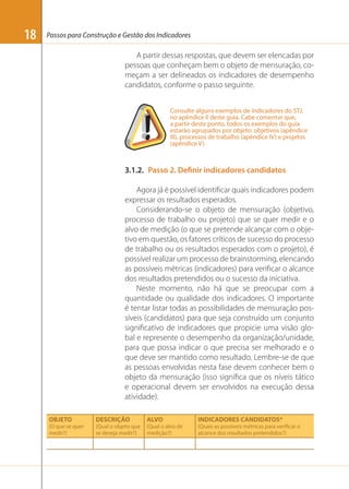 18

Passos para Construção e Gestão dos Indicadores

A partir dessas respostas, que devem ser elencadas por
pessoas que conheçam bem o objeto de mensuração, começam a ser delineados os indicadores de desempenho
candidatos, conforme o passo seguinte.
Consulte alguns exemplos de indicadores do STJ,
no apêndice II deste guia. Cabe comentar que,
a partir deste ponto, todos os exemplos do guia
estarão agrupados por objeto: objetivos (apêndice
III), processos de trabalho (apêndice IV) e projetos
(apêndice V).

3.1.2. Passo 2. Definir indicadores candidatos
Agora já é possível identiﬁcar quais indicadores podem
expressar os resultados esperados.
Considerando-se o objeto de mensuração (objetivo,
processo de trabalho ou projeto) que se quer medir e o
alvo de medição (o que se pretende alcançar com o objetivo em questão, os fatores críticos de sucesso do processo
de trabalho ou os resultados esperados com o projeto), é
possível realizar um processo de brainstorming, elencando
as possíveis métricas (indicadores) para veriﬁcar o alcance
dos resultados pretendidos ou o sucesso da iniciativa.
Neste momento, não há que se preocupar com a
quantidade ou qualidade dos indicadores. O importante
é tentar listar todas as possibilidades de mensuração possíveis (candidatos) para que seja construído um conjunto
signiﬁcativo de indicadores que propicie uma visão global e represente o desempenho da organização/unidade,
para que possa indicar o que precisa ser melhorado e o
que deve ser mantido como resultado. Lembre-se de que
as pessoas envolvidas nesta fase devem conhecer bem o
objeto da mensuração (isso signiﬁca que os níveis tático
e operacional devem ser envolvidos na execução dessa
atividade).
OBJETO

DESCRIÇÃO

ALVO

INDICADORES CANDIDATOS*

(O que se quer
medir?)

(Qual o objeto que
se deseja medir?)

(Qual o alvo de
medição?)

(Quais as possíveis métricas para verificar o
alcance dos resultados pretendidos?)

 
