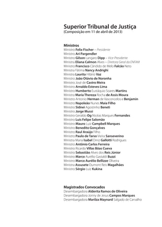 Superior Tribunal de Justiça
(Composição em 11 de abril de 2013)

Ministros
Ministro Felix Fischer – Presidente
Ministro Ari Pargendler
Ministro Gilson Langaro Dipp – Vice-Presidente
Ministra Eliana Calmon Alves – Diretora Geral da ENFAM
Ministro Francisco Cândido de Melo Falcão Neto
Ministra Fátima Nancy Andrighi
Ministra Laurita Hilário Vaz
Ministro João Otávio de Noronha
Ministro José de Castro Meira
Ministro Arnaldo Esteves Lima
Ministro Humberto Eustáquio Soares Martins
Ministra Maria Thereza Rocha de Assis Moura
Ministro Antonio Herman de Vasconcelos e Benjamin
Ministro Napoleão Nunes Maia Filho
Ministro Sidnei Agostinho Beneti
Ministro Jorge Mussi
Ministro Geraldo Og Nicéas Marques Fernandes
Ministro Luis Felipe Salomão
Ministro Mauro Luiz Campbell Marques
Ministro Benedito Gonçalves
Ministro Raul Araújo Filho
Ministro Paulo de Tarso Vieira Sanseverino
Ministra Maria Isabel Diniz Gallotti Rodrigues
Ministro Antônio Carlos Ferreira
Ministro Ricardo Villas Bôas Cueva
Ministro Sebastião Alves dos Reis Júnior
Ministro Marco Aurélio Gastaldi Buzzi
Ministro Marco Aurélio Bellizze Oliveira
Ministra Assusete Dumont Reis Magalhães
Ministro Sérgio Luiz Kukina

Magistrados Convocados
Desembargadora Alderita Ramos de Oliveira
Desembargadora Jonny de Jesus Campos Marques
Desembargadora Marilza Maynard Salgado de Carvalho

 
