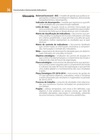 36

Construindo e Gerenciando Indicadores

Glossário

Balanced Scorecard – BSC – modelo de gestão que auxilia as organizações a traduzir a estratégia em objetivos, direcionando
comportamentos e desempenho.
Indicador de desempenho – medida que expressa ou quantiﬁca os resultados de uma determinada realidade.
Linha de base – situação inicial ou primeira mensuração que
será considerada como referência ou parâmetro para estabelecimento da meta que se deseja alcançar com o indicador.
Matriz de classificação de indicadores – documento que permite a análise e a avaliação técnica dos indicadores com base
em critérios predeﬁnidos, o que permite a escolha de quais
indicadores melhor representam os resultados que se quer
alcançar.
Matriz de controle de indicadores – documento detalhado
que contém todas as informações necessárias à compreensão, mensuração e controle dos indicadores.
Meta – expectativa de desempenho desejado para um determinado indicador, em uma data no futuro.
Objetivo estratégico – sinalizador dos pontos de atuação em
que o êxito é fundamental para o cumprimento da missão e
o alcance da visão de futuro da organização.
Plano estratégico – instrumento de planejamento que apresenta os rumos a serem seguidos para o cumprimento da missão
e o alcance da visão de futuro da organização e que permite
uma análise global e o monitoramento dos seus resultados
e ações.
Plano Estratégico STJ 2010-2014 – instrumento de gestão do
STJ que apresenta objetivos, indicadores, metas e iniciativas
a serem priorizados por servidores e magistrados no período
de 2010 a 2014.
Processo de trabalho – conjunto de atividades inter-relacionadas que transforma insumos (entradas) em produtos/serviços (saídas).
Projeto – esforço temporário, com início e ﬁm deﬁnidos, cujo
objetivo é criar produtos ou serviços únicos, por meio de
atividades planejadas, executadas e controladas, utilizando
recursos humanos, materiais e ﬁnanceiros predeﬁnidos.

 
