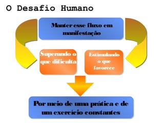 O Desafio Humano
         Manter esse fluxo em
            manifestação


      Superando o     Estimulando
      que dificulta       o que
                        favorece




    Por meio de uma prática e de
      um exercício constantes
 