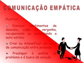 Objetivos:

    Diminuir sentimentos de
desvalia, culpa ou vergonha,
recuperando ou aumentando a
auto-estima;
  Criar ou intensificar um canal
de comunicação entre pessoas;
    Predispor à análise do
problema e á busca de solução.
 