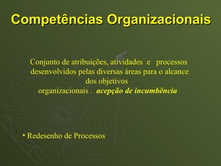 Competências Organizacionais

   Conjunto de atribuições, atividades e processos
   desenvolvidos pelas diversas áreas para o alcance
                    dos objetivos
     organizacionais . acepção de incumbência




 • Redesenho de Processos
 