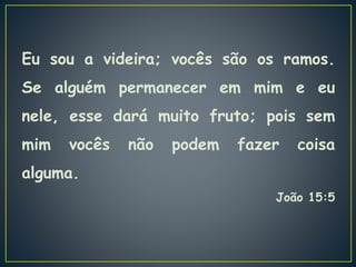 Eu sou a videira; vocês são os ramos.
Se alguém permanecer em mim e eu
nele, esse dará muito fruto; pois sem
mim vocês não podem fazer coisa
alguma.
João 15:5
 