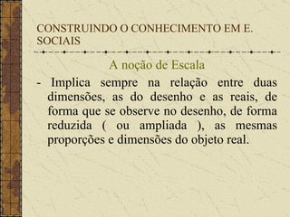 CONSTRUINDO O CONHECIMENTO EM E. SOCIAIS A noção de Escala - Implica sempre na relação entre duas dimensões, as do desenho e as reais, de forma que se observe no desenho, de forma reduzida ( ou ampliada ), as mesmas proporções e dimensões do objeto real. 