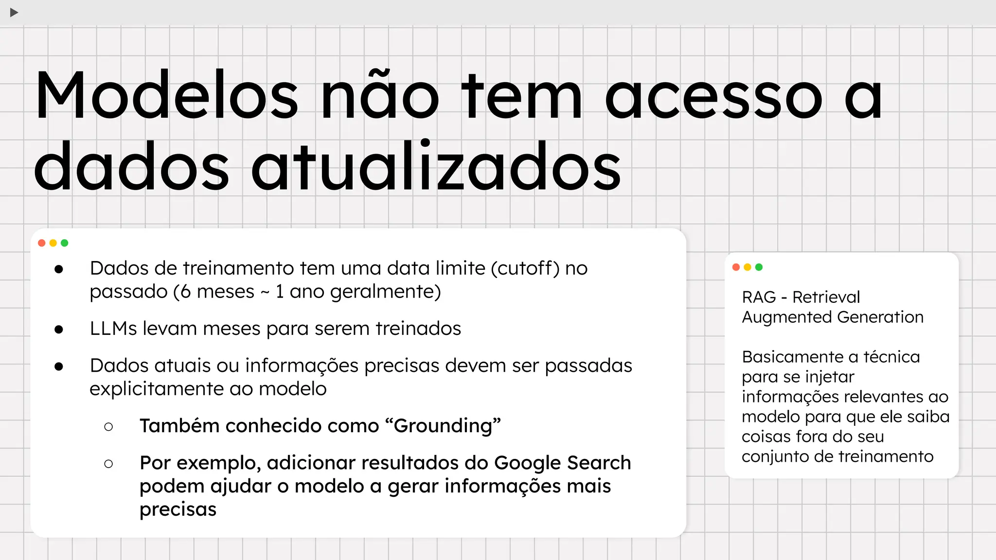 ● Dados de treinamento tem uma data limite (cutoff) no
passado (6 meses ~ 1 ano geralmente)
● LLMs levam meses para serem treinados
● Dados atuais ou informações precisas devem ser passadas
explicitamente ao modelo
○ Também conhecido como “Grounding”
○ Por exemplo, adicionar resultados do Google Search
podem ajudar o modelo a gerar informações mais
precisas
RAG - Retrieval
Augmented Generation
Basicamente a técnica
para se injetar
informações relevantes ao
modelo para que ele saiba
coisas fora do seu
conjunto de treinamento
Modelos não tem acesso a
dados atualizados
 