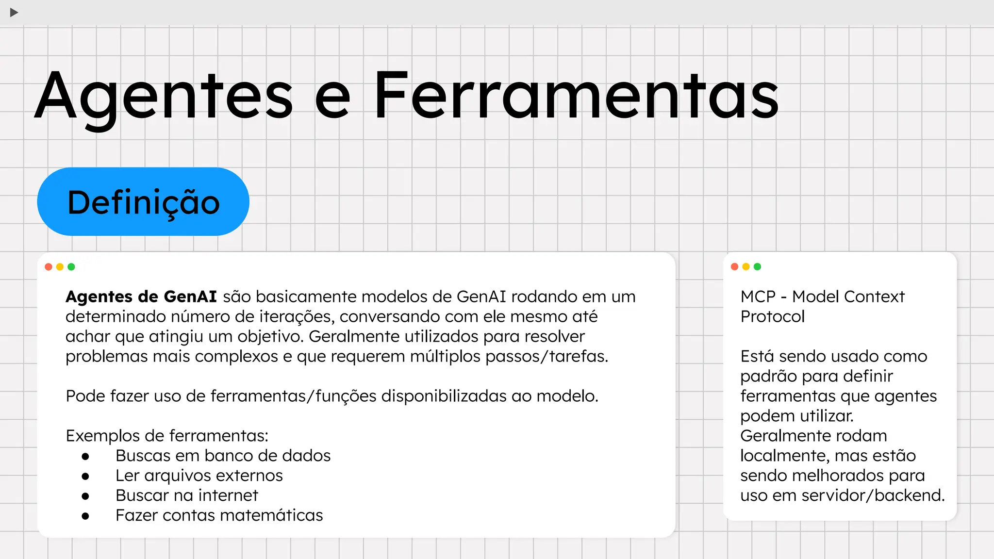 MCP - Model Context
Protocol
Está sendo usado como
padrão para deﬁnir
ferramentas que agentes
podem utilizar.
Geralmente rodam
localmente, mas estão
sendo melhorados para
uso em servidor/backend.
Agentes e Ferramentas
Deﬁnição
Agentes de GenAI são basicamente modelos de GenAI rodando em um
determinado número de iterações, conversando com ele mesmo até
achar que atingiu um objetivo. Geralmente utilizados para resolver
problemas mais complexos e que requerem múltiplos passos/tarefas.
Pode fazer uso de ferramentas/funções disponibilizadas ao modelo.
Exemplos de ferramentas:
● Buscas em banco de dados
● Ler arquivos externos
● Buscar na internet
● Fazer contas matemáticas
 