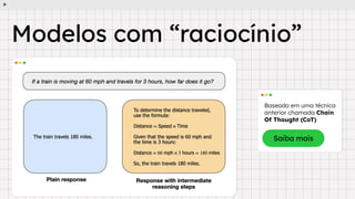 Modelos com “raciocínio”
Baseado em uma técnica
anterior chamada Chain
Of Thought (CoT)
Saiba mais
 