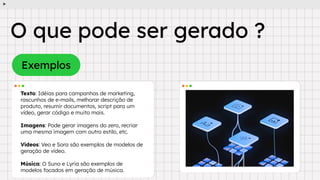 Exemplos
O que pode ser gerado ?
Texto: Idéias para campanhas de marketing,
rascunhos de e-mails, melhorar descrição de
produto, resumir documentos, script para um
vídeo, gerar código e muito mais.
Imagens: Pode gerar imagens do zero, recriar
uma mesma imagem com outro estilo, etc.
Vídeos: Veo e Sora são exemplos de modelos de
geração de vídeo.
Música: O Suno e Lyria são exemplos de
modelos focados em geração de música.
 