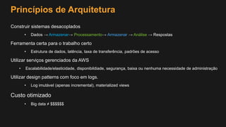 Princípios de Arquitetura
Construir sistemas desacoplados
• Dados → Armazenar→ Processamento→ Armazenar → Análise → Respostas
Ferramenta certa para o trabalho certo
• Estrutura de dados, latência, taxa de transferência, padrões de acesso
Utilizar serviços gerenciados da AWS
• Escalabilidade/elasticidade, disponibildiade, segurança, baixa ou nenhuma necessidade de administração
Utilizar design patterns com foco em logs.
• Log imutável (apenas incremental), materialized views
Custo otimizado
• Big data ≠ $$$$$$
 