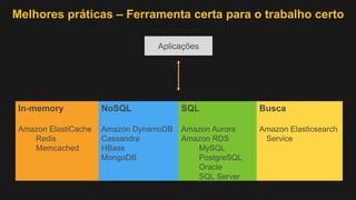 Melhores práticas – Ferramenta certa para o trabalho certo
Busca
Amazon Elasticsearch
Service
In-memory
Amazon ElastiCache
Redis
Memcached
SQL
Amazon Aurora
Amazon RDS
MySQL
PostgreSQL
Oracle
SQL Server
NoSQL
Amazon DynamoDB
Cassandra
HBase
MongoDB
 