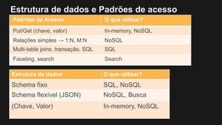 Estrutura de dados e Padrões de acesso
Padrões de Acesso O que utilizar?
Put/Get (chave, valor) In-memory, NoSQL
Relações simples → 1:N, M:N NoSQL
Multi-table joins, transação, SQL SQL
Faceting, search Search
Estrutura de dados O que utilizar?
Schema fixo SQL, NoSQL
Schema flexível (JSON) NoSQL, Busca
(Chave, Valor) In-memory, NoSQL
 