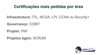Certificações mais pedidas por área
Infraestrutura: ITIL, MCSA, LPI, CCNA ou Security+
Governança: COBIT
Projeto: PMI
Projetos ágeis: SCRUM
 
