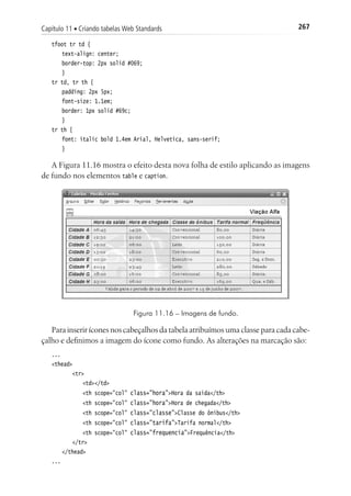 267Capítulo 11 ■ Criando tabelas Web Standards
tfoot tr td {
	 text-align: center;
	 border-top: 2px solid #069;
	 }
tr td, tr th {
	 padding: 2px 5px;
	 font-size: 1.1em;
	 border: 1px solid #69c;
	 }
tr th {
	 font: italic bold 1.4em Arial, Helvetica, sans-serif;
	 }
A Figura 11.16 mostra o efeito desta nova folha de estilo aplicando as imagens
de fundo nos elementos table e caption.
Figura 11.16 – Imagens de fundo.
Para inserir ícones nos cabeçalhos da tabela atribuímos uma classe para cada cabe-
çalho e definimos a imagem do ícone como fundo. As alterações na marcação são:
...
<thead>
		 <tr>
			 <td></td>
			 <th scope="col" class="hora">Hora da saída</th>
			 <th scope="col" class="hora">Hora de chegada</th>
			 <th scope="col" class="classe">Classe do ônibus</th>
			 <th scope="col" class="tarifa">Tarifa normal</th>
			 <th scope="col" class="frequencia">Frequência</th>
		 </tr>
	 </thead>
...
 