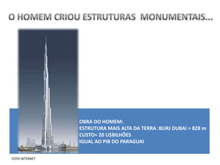 OBRA DO HOMEM:
                ESTRUTURA MAIS ALTA DA TERRA :BURJ DUBAI = 828 m
                CUSTO= 20 U$BILHÕES
                IGUAL AO PIB DO PARAGUAI


FOTO INTERNET
 