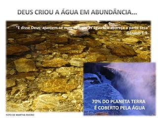 “E disse Deus: ajuntem-se num só lugar as águas.. e apareça a parte seca”
                                                                   Genesis 1:9




                                                70% DO PLANETA TERRA
                                                 É COBERTO PELA ÁGUA
FOTO DE MARTHA RIVERO
 