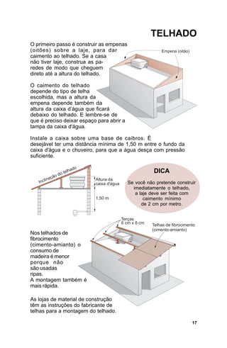 TELHADO
O primeiro passo é construir as empenas
(oitões) sobre a laje, para dar
caimento ao telhado. Se a casa
não tiver laje, construa as pa-
redes de modo que cheguem
direto até a altura do telhado.

O caimento do telhado
depende do tipo de telha
escolhida, mas a altura da
empena depende também da
altura da caixa d’água que ficará
debaixo do telhado. E lembre-se de
que é preciso deixar espaço para abrir a
tampa da caixa d'água.

Instale a caixa sobre uma base de caibros. É
desejável ter uma distância mínima de 1,50 m entre o fundo da
caixa d'água e o chuveiro, para que a água desça com pressão
suficiente.

                                                      DICA
                                           Se você não pretende construir
                                             imediatamente o telhado,
                                              a laje deve ser feita com
                                                  caimento mínimo
                                                 de 2 cm por metro.




Nos telhados de
fibrocimento
(cimento-amianto) o
consumo de
madeira é menor
porque não
são usadas
ripas.
A montagem também é
mais rápida.

As lojas de material de construção
têm as instruções do fabricante de
telhas para a montagem do telhado.

                                                                       17
 