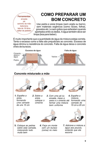 Ferramentas
                                COMO PREPARAR UM
        enxada
           pá
                                   BOM CONCRETO
   carrinho de mão          Use pedra e areia limpas (sem argila ou barro),
       betoneira            sem materiais orgânicos (como raízes, folhas,
    lata de 18 litros
                            gravetos etc.) e sem grãos que esfarelam quando
   colher de pedreiro
                           apertados entre os dedos. A água também deve ser
                         limpa (boa para beber).
É muito importante que a quantidade de água da mistura esteja correta.
Tanto o excesso como a falta são prejudiciais ao concreto. Excesso de
água diminui a resistência do concreto. Falta de água deixa o concreto
cheio de buracos.




Concreto misturado a mão




 1. Espalhe a           2. Sobre a   3. Com uma pá ou       4.   Espalhe a
   areia,                  areia,       enxada, mexa a           mistura,
   formando                coloque o    areia e o cimento até    formando uma
   uma camada              cimento      formar uma mistura       camada de
   de uns 15 cm                         bem uniforme             15 cm a 20 cm




 5. Coloque as pedras          6. Faça um monte       7. Adicione e misture a
    sobre esta camada,           com um buraco          água aos poucos,
    misturando tudo              (coroa) no meio        evitando que ela
    muito bem                                           escorra


                                                                             9
 