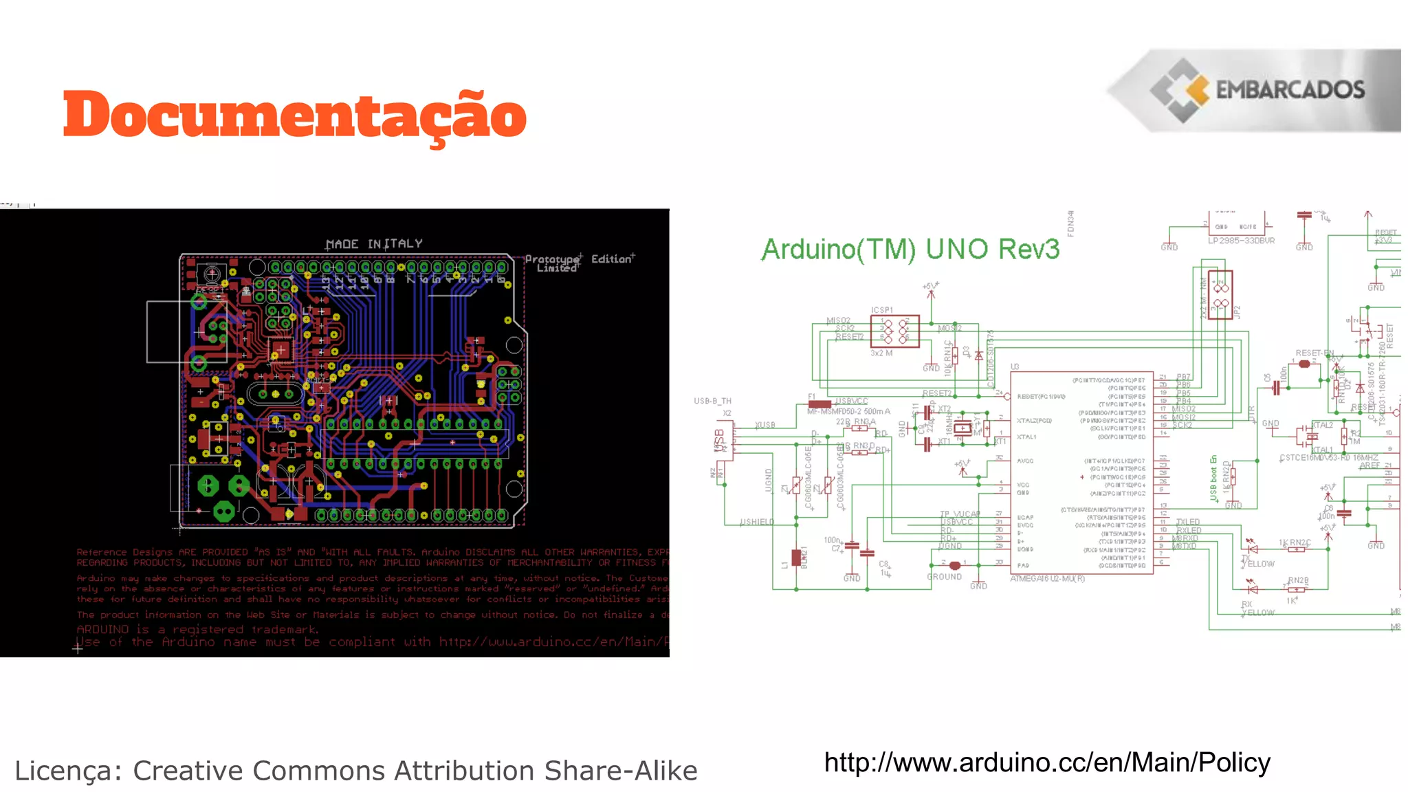 Documentação
http://www.arduino.cc/en/Main/PolicyLicença: Creative Commons Attribution Share-Alike
 