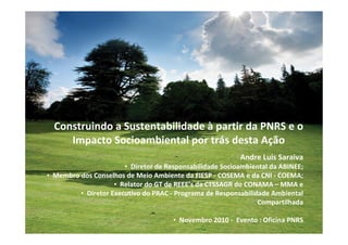 Construindo a Sustentabilidade à partir da PNRS e o
Impacto Socioambiental por trás desta Ação
Andre Luis Saraiva
• Diretor de Responsabilidade Socioambiental da ABINEE;
• Membro dos Conselhos de Meio Ambiente da FIESP - COSEMA e da CNI - COEMA;
• Relator do GT de REEE’s da CTSSAGR do CONAMA – MMA e
• Diretor Executivo do PRAC - Programa de Responsabilidade Ambiental
Compartilhada
• Novembro 2010 - Evento : Oficina PNRS
 