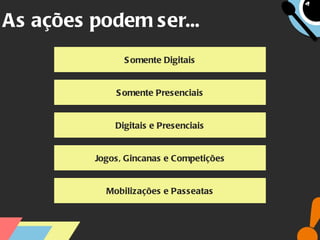 As ações podem ser... Somente Digitais Somente Presenciais Digitais e Presenciais Jogos, Gincanas e Competições Mobilizações e Passeatas 