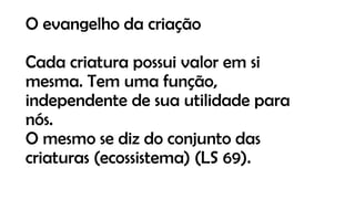 O evangelho da criação
Cada criatura possui valor em si
mesma. Tem uma função,
independente de sua utilidade para
nós.
O mesmo se diz do conjunto das
criaturas (ecossistema) (LS 69).
 
