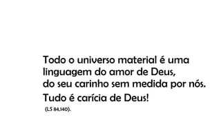 Todo o universo material é uma
linguagem do amor de Deus,
do seu carinho sem medida por nós.
Tudo é carícia de Deus!
(LS 84,140).
 