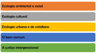 Ecologia ambiental e social
Ecologia cultural
Ecologia urbana e do cotidiano
O bem comum
A justiça intergeracional
 