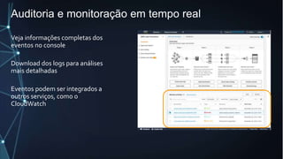 Auditoria e monitoração em tempo real
Veja informações completas dos
eventos no console
Download dos logs para análises
mais detalhadas
Eventos podem ser integrados a
outros serviços, como o
CloudWatch
 