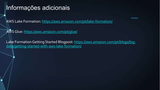 Informações adicionais
AWS Lake Formation: https://aws.amazon.com/pt/lake-formation/
AWSGlue: https://aws.amazon.com/pt/glue/
Lake Formation Getting Started Blogpost: https://aws.amazon.com/pt/blogs/big-
data/getting-started-with-aws-lake-formation/
 