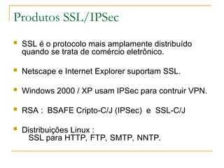 Produtos SSL/IPSec
 SSL é o protocolo mais amplamente distribuído
quando se trata de comércio eletrônico.
 Netscape e Internet Explorer suportam SSL.
 Windows 2000 / XP usam IPSec para contruir VPN.
 RSA : BSAFE Cripto-C/J (IPSec) e SSL-C/J
 Distribuições Linux :
SSL para HTTP, FTP, SMTP, NNTP.
 