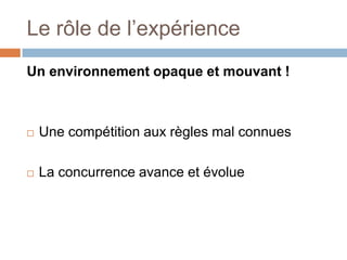 Le rôle de l’expérienceUn environnement opaque et mouvant !Une compétition aux règles mal connuesLa concurrence avance et évolue