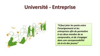 Université - Entreprise


              “Il faut jeter les ponts entre
              l’enseignement et les
              entreprises afin de permettre
              à ces deux mondes de se
              comprendre, et de s’engager
              dans une coresponsabilité
              vis-à-vis des jeunes”
 