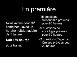 En première 
Nous avons donc 32 
semaines , avec un 
horaire hebdomadaire 
de 5 heures 
Soit 160 heures 
pour traiter: 
-15 questions 
d'économie prévues 
pour 90 heures 
-9 questions de 
sociologie prévues 
pour 60 heures 
-3 questions Regards 
Croisés prévues pour 
20 heures 
 