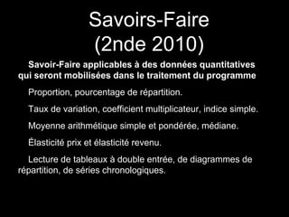 Savoirs-Faire 
(2nde 2010) 
Savoir-Faire applicables à des données quantitatives 
qui seront mobilisées dans le traitement du programme 
Proportion, pourcentage de répartition. 
Taux de variation, coefficient multiplicateur, indice simple. 
Moyenne arithmétique simple et pondérée, médiane. 
Élasticité prix et élasticité revenu. 
Lecture de tableaux à double entrée, de diagrammes de 
répartition, de séries chronologiques. 
 