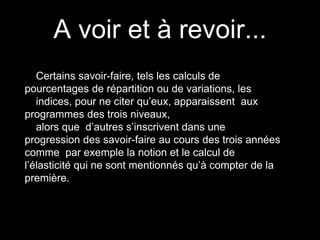 A voir et à revoir... 
Certains savoir-faire, tels les calculs de 
pourcentages de répartition ou de variations, les 
indices, pour ne citer qu’eux, apparaissent aux 
programmes des trois niveaux, 
alors que d’autres s’inscrivent dans une 
progression des savoir-faire au cours des trois années 
comme par exemple la notion et le calcul de 
l’élasticité qui ne sont mentionnés qu’à compter de la 
première. 
 