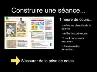 Construire une séance... 
1 heure de cours... 
•définir les objectifs de la 
séance 
•vérifier les pré-requis 
•3 ou 4 documents 
maximum 
•Une évaluation 
formative... 
S'assurer de la prise de notes 
 