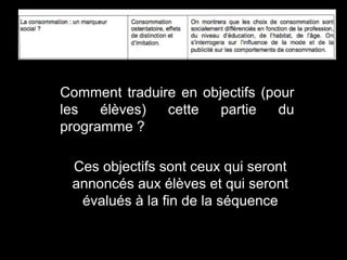 Comment traduire en objectifs (pour 
les élèves) cette partie du 
programme ? 
Ces objectifs sont ceux qui seront 
annoncés aux élèves et qui seront 
évalués à la fin de la séquence 
 