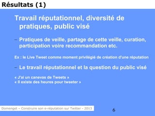 Résultats (1)

        Travail réputationnel, diversité de
         pratiques, public visé
        – Pratiques de veille, partage de cette veille, curation,
          participation voire recommandation etc.

        Ex : le Live Tweet comme moment privilégié de création d'une réputation

        – Le travail réputationnel et la question du public visé
        « J'ai un canevas de Tweets »
        « Il existe des heures pour tweeter »




Domenget – Construire son e-réputation sur Twitter - 2013
                                                            6
 
