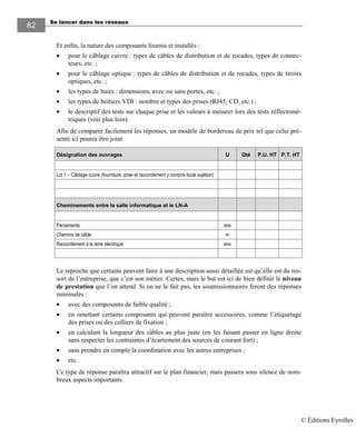 Se lancer dans les réseaux82
82
Et enfin, la nature des composants fournis et installés :
• pour le câblage cuivre : types de câbles de distribution et de rocades, types de connec-
teurs, etc. ;
• pour le câblage optique : types de câbles de distribution et de rocades, types de tiroirs
optiques, etc. ;
• les types de baies : dimensions, avec ou sans portes, etc. ;
• les types de boîtiers VDI : nombre et types des prises (RJ45, CD, etc.) ;
• le descriptif des tests sur chaque prise et les valeurs à mesurer lors des tests réflectomé-
triques (voir plus loin).
Afin de comparer facilement les réponses, un modèle de bordereau de prix tel que celui pré-
senté ici pourra être joint.
Désignation des ouvrages U Qté P.U. HT P.T. HT
Lot 1 – Câblage cuivre (fourniture, pose et raccordement y compris toute sujétion)
Cheminements entre la salle informatique et le LN-A
Percements ens
Chemins de câble m
Raccordement à la terre électrique ens
Le reproche que certains peuvent faire à une description aussi détaillée est qu’elle est du res-
sort de l’entreprise, que c’est son métier. Certes, mais le but est ici de bien définir le niveau
de prestation que l’on attend. Si on ne le fait pas, les soumissionnaires feront des réponses
minimales :
• avec des composants de faible qualité ;
• en omettant certains composants qui peuvent paraître accessoires, comme l’étiquetage
des prises ou des colliers de fixation ;
• en calculant la longueur des câbles au plus juste (en les faisant passer en ligne droite
sans respecter les contraintes d’écartement des sources de courant fort) ;
• sans prendre en compte la coordination avec les autres entreprises ;
• etc.
Ce type de réponse paraîtra attractif sur le plan financier, mais passera sous silence de nom-
breux aspects importants.
© Éditions Eyrolles
 