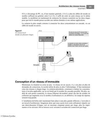 Architecture des réseaux locaux
CHAPITRE 6
95
S’il y a davantage de PC, ou, d’une manière générale, s’il n’y a plus de câbles de rocade en
nombre suffisant (en général, entre 6 et 12), il suffit de créer un autre réseau sur le même
modèle. Le problème est maintenant de connecter les réseaux construits sur les deux étages
pour que tout le monde puisse accéder aux mêmes données et aux mêmes applications.
La solution la plus simple consiste à connecter les deux concentrateurs en cascade, via un
câble de rocade en cuivre.
Figure 6-7.
Un réseau local
étendu sur plusieurs étages.
Conception d’un réseau d’immeuble
Maintenant, la situation se corse un peu : le réseau est un succès, il y a de plus en plus de
demandes de connexions, la société utilise de plus en plus l’informatique. Il faut maintenant
créer des réseaux à chaque étage. La solution précédente, consistant à chaîner les concentra-
teurs n’est plus applicable, car on est limité par le nombre de cascades possible. De plus, au-
delà de cent postes connectés, le réseau Ethernet deviendrait saturé (du fait du nombre de
collisions qui augmente avec le nombre d’utilisateurs) et, en définitive, les temps de réponse
seraient trop grands.
L’installation de boîtes doit maintenant faire place à une plus grande réflexion, c’est-à-dire à
un travail d’architecture. Imaginons donc que nous ayons trois cents utilisateurs répartis sur
une demi-douzaine d’étages, soit en moyenne cinquante postes par étage, plus les impri-
mantes et les serveurs. On se retrouve avec soixante à soixante-dix connexions par étage.
Concentrateur
LTE-1
LTE-2
Concentrateur
De plus en plus de PC doivent être
connecté à cet étage : il n’y a plus de
câbles de rocade disponible.
La solution la moins chère consiste à
installer un deuxième hub et à le
chaîner avec l’autre via son port uplink.
Port uplink
© Éditions Eyrolles
 