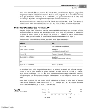 Démarrer son réseau IP
CHAPITRE 7
115
Cela nous offrirait 256 sous-réseaux. Si, dans le futur, ce chiffre était dépassé, on pourrait
toujours ajouter un autre réseau de classe A (il ne ferait pas partie de la RFC 1918, mais ce
n’est pas réellement important) et le « subnetter », ou ajouter une classe B à notre plan
d’adressage. Notre but est simplement de limiter le nombre de réseaux IP.
Nous choisissons donc l’adresse de classe A, 10.0.0.0, issue de la RFC 1918. Étant donné le
subnet choisi, notre masque sera donc : 255.255.0.0. Mais ce choix est encore provisoire.
Méthode d’affectation des réseaux LAN
Le plus simple est d’affecter les réseaux par site (respect de la règle 1). Au lieu d’affecter
séquentiellement le numéro, on peut l’incrémenter de 4 ou 8, ce qui laisse la possibilité
d’étendre le subnet affecté au site (respect de la règle 2). L’ajout d’un réseau sur un site se
traduira donc par l’affectation du numéro de réseau suivant (respect de la règle 3).
Une première version de notre plan d’adressage serait donc la suivante :
Réseau Site
10.0.0.0/16 Paris : 1 réseau de 65 534 stations
De 10.1.0.0/16 à 10.3.0.0/16 Non affecté
(réservé aux extensions de Paris)
10.4.0.0/16 Toulouse : 1 réseau de 65 534 stations
De 10.5.0.0/16 à 10.7.0.0/16 Non affecté
(réservé aux extensions de Toulouse)
Etc.
De 10.248.0.0 à 10.255.0.0 Réseaux non affectés
L’incrément de 4 a été soigneusement choisi, de manière à obtenir des réseaux contigus.
Ainsi, le site de Paris dispose de quatre réseaux : 10.0.0.0, 10.1.0.0, 10.2.0.0 et 10.3.0.0,
avec chacun un masque à 255.255.0.0. Mais cette manière de découper les réseaux est quel-
que peu rigide, car la région de Paris peut comprendre à la fois des petits sites et des gros
sites.
Une autre façon de voir les choses est de considérer le réseau 10.0.0.0 avec le masque
255.252.0.0 (soit 10.0.0.0/14), ce qui offre 262 142 adresses (65 536 × 4 –2) pour le subnet
10.0.0.0 affecté à Paris (de 10.0.0.0 à 10.3.255.255).
Figure 7-2.
Création d’un subnet.
128 64 32 16 8 4 2 1
252.255.
Bit
10.
0.0
0. 0.0
Masque
Adresse
8 bits + 6 bits/14
© Éditions Eyrolles
 