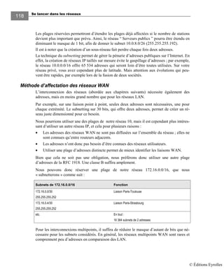Se lancer dans les réseaux
118118
Les plages réservées permettront d’étendre les plages déjà affectées si le nombre de stations
devient plus important que prévu. Ainsi, le réseau “ Serveurs publics ” pourra être étendu en
diminuant le masque de 1 bit, afin de donner le subnet 10.0.8.0/26 (255.255.255.192).
Il est à noter que la création d’un sous-réseau fait perdre chaque fois deux adresses.
La technique du subnetting permet de gérer la pénurie d’adresses publiques sur l’Internet. En
effet, la création de réseaux IP taillés sur mesure évite le gaspillage d’adresses ; par exemple,
le réseau 10.0.0.0/16 offre 65 534 adresses qui seront loin d’être toutes utilisées. Sur votre
réseau privé, vous avez cependant plus de latitude. Mais attention aux évolutions qui peu-
vent être rapides, par exemple lors de la fusion de deux sociétés.
Méthode d’affectation des réseaux WAN
L’interconnexion des réseaux (abordée aux chapitres suivants) nécessite également des
adresses, mais en moins grand nombre que pour les réseaux LAN.
Par exemple, sur une liaison point à point, seules deux adresses sont nécessaires, une pour
chaque extrémité. Le subnetting sur 30 bits, qui offre deux adresses, permet de créer un ré-
seau juste dimensionné pour ce besoin.
Nous pourrions utiliser une des plages de notre réseau 10, mais il est cependant plus intéres-
sant d’utiliser un autre réseau IP, et cela pour plusieurs raisons :
• Les adresses des réseaux WAN ne sont pas diffusées sur l’ensemble du réseau ; elles ne
sont connues qu’entre routeurs adjacents.
• Les adresses n’ont donc pas besoin d’être connues des réseaux utilisateurs.
• Utiliser une plage d’adresses distincte permet de mieux identifier les liaisons WAN.
Bien que cela ne soit pas une obligation, nous préférons donc utiliser une autre plage
d’adresses de la RFC 1918. Une classe B suffira amplement.
Nous pouvons donc réserver une plage de notre réseau 172.16.0.0/16, que nous
« subnetterons » comme suit :
Subnets de 172.16.0.0/16 Fonction
172.16.0.0/30
255.255.255.252
Liaison Paris-Toulouse
172.16.0.4/30
255.255.255.252
Liaison Paris-Strasbourg
etc. En tout :
16 384 subnets de 2 adresses
Pour les interconnexions multipoints, il suffira de réduire le masque d’autant de bits que né-
cessaire pour les subnets considérés. En général, les réseaux multipoints WAN sont rares et
comprennent peu d’adresses en comparaison des LAN.
© Éditions Eyrolles
 