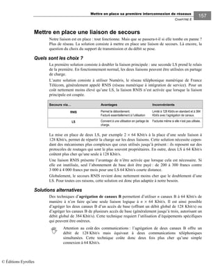 Mettre en place sa première interconnexion de réseaux
CHAPITRE 8
157
Mettre en place une liaison de secours
Notre liaison est en place : tout fonctionne. Mais que se passera-t-il si elle tombe en panne ?
Plus de réseau. La solution consiste à mettre en place une liaison de secours. Là encore, la
question du choix du support de transmission et du débit se pose.
Quels sont les choix ?
La première solution consiste à doubler la liaison principale : une seconde LS prend le relais
de la première. En fonctionnement normal, les deux liaisons peuvent être utilisées en partage
de charge.
L’autre solution consiste à utiliser Numéris, le réseau téléphonique numérique de France
Télécom, généralement appelé RNIS (réseau numérique à intégration de service). Pour un
coût nettement moins élevé qu’une LS, la liaison RNIS n’est activée que lorsque la liaison
principale est coupée.
Secours via… Avantages Inconvénients
RNIS Permet le débordement.
Facturé essentiellement à l’utilisation
Limité à 128 Kbit/s en standard et à 384
Kbit/s avec l’agrégation de canaux.
LS Convient à une utilisation en partage de
charge.
Facturée même si elle n’est pas utilisée.
La mise en place de deux LS, par exemple 2 × 64 Kbit/s à la place d’une seule liaison à
128 Kbit/s, permet de répartir la charge sur les deux liaisons. Cette solution nécessite cepen-
dant des mécanismes plus complexes que ceux utilisés jusqu’à présent : ils reposent sur des
protocoles de routages qui sont le plus souvent propriétaires. En outre, deux LS à 64 Kbit/s
coûtent plus cher qu’une seule à 128 Kbit/s.
Une liaison RNIS présente l’avantage de n’être activée que lorsque cela est nécessaire. Si
elle est inutilisée, seul l’abonnement de base doit être payé : de 200 à 300 francs contre
3 000 à 4 000 francs par mois pour une LS 64 Kbit/s courte distance.
Globalement, le secours RNIS revient donc nettement moins cher que le doublement d’une
LS. Pour toutes ces raisons, cette solution est donc plus adaptée à notre besoin.
Solutions alternatives
Des techniques d’agrégation de canaux B permettent d’utiliser n canaux B à 64 Kbit/s de
manière à n’en faire qu’une seule liaison logique à n × 64 Kbit/s. Il est ainsi possible
d’agréger les deux canaux B d’un accès de base (offrant un débit global de 128 Kbit/s) ou
d’agréger les canaux B de plusieurs accès de base (généralement jusqu’à trois, autorisant un
débit global de 384 Kbit/s). Cette technique requiert l’utilisation d’équipements spécifiques
qui peuvent être onéreux.
Attention au coût des communications : l’agrégation de deux canaux B offre un
débit de 128 Kbit/s mais équivaut à deux communications téléphoniques
simultanées. Cette technique coûte donc deux fois plus cher qu’une simple
connexion à 64 Kbit/s.
© Éditions Eyrolles
 