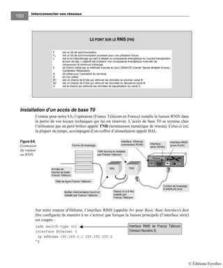 Interconnecter ses réseaux
160160
Installation d’un accès de base T0
Comme pour notre LS, l’opérateur (France Télécom en France) installe la liaison RNIS dans
la partie de vos locaux techniques qui lui est réservée. L’accès de base T0 se termine chez
l’utilisateur par un petit boîtier appelé TNR (terminaison numérique de réseau). Celui-ci est,
la plupart du temps, accompagné d’un coffret d’alimentation appelé BAL.
Figure 8-6.
Connexion
du routeur
au RNIS.
Sur notre routeur d’Orléans, l’interface RNIS (appelée bri pour Basic Rate Interface) doit
être configurée de manière à ne s’activer que lorsque la liaison principale (l’interface série)
est coupée :
isdn switch-type vn3
interface Ethernet 0
ip address 192.168.0.1 255.255.255.0
^Z
Interface RNIS de France Télécom
(Version Numéris 3)
LE POINT SUR LE RNIS (FIN)
F est un bit de synchronisation.
Fa est un bit de synchronisation auxiliaire pour une utilisation future.
L est le bit d’équilibrage qui sert à rétablir la composante énergétique du courant transportant
le train de bits. L’objectif est d’obtenir une composante énergétique nulle afin de
consommer le minimum d’énergie.
E bit d’écho utilisé par la méthode d’accès au bus CSMA/CR (Carrier Sense Multiple Access -
Contention Resolution).
A bit utilisé pour l’activation du terminal.
S bit non utilisé.
B1 est un champ de 8 bits qui véhicule les données du premier canal B.
B2 est un champ de 8 bits qui véhicule les données du deuxième canal B.
D est le champ qui véhicule les données de signalisation du canal D.
Tête de ligne France Télécom
Ferme de brassage
Arrivée de
l'accès de base
France Télécom
Déport (4 à 8 fils)
installé par
France Télécom
Routeur
Interface RNIS
(prise RJ45)
TNR fournie et installée
par France Télécom.
Interface Ethernet
(connecteur RJ45)
Cordon de brassage
RJ45/RJ45 droit
Interface
série (WAN)
Boîtier d'alimentation fourni et
installé par France Télécom
TNRBAL
© Éditions Eyrolles
 